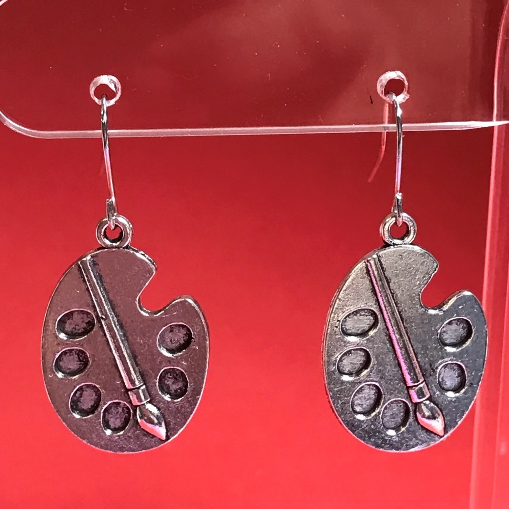 Artist with Paint Palette Paint Brush Silver Tone Earrings